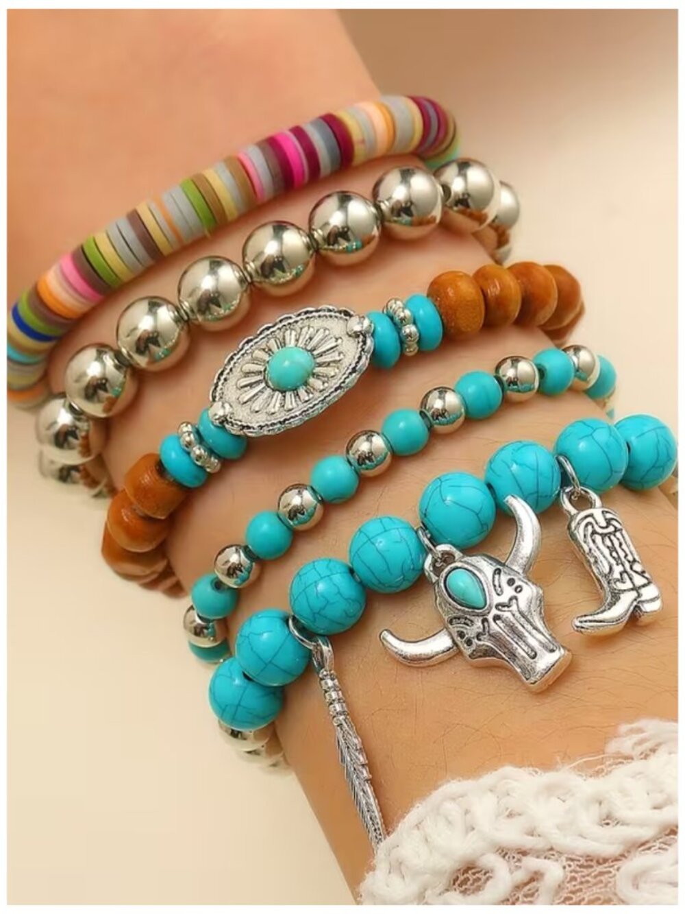 Southwestern Boho 5-Piece Stacking Bracelet Set Turquoise, Wood & Silver Beads